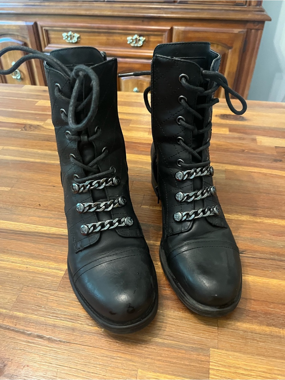 Guess Black Lace-Up Combat Boots with Chain Accent